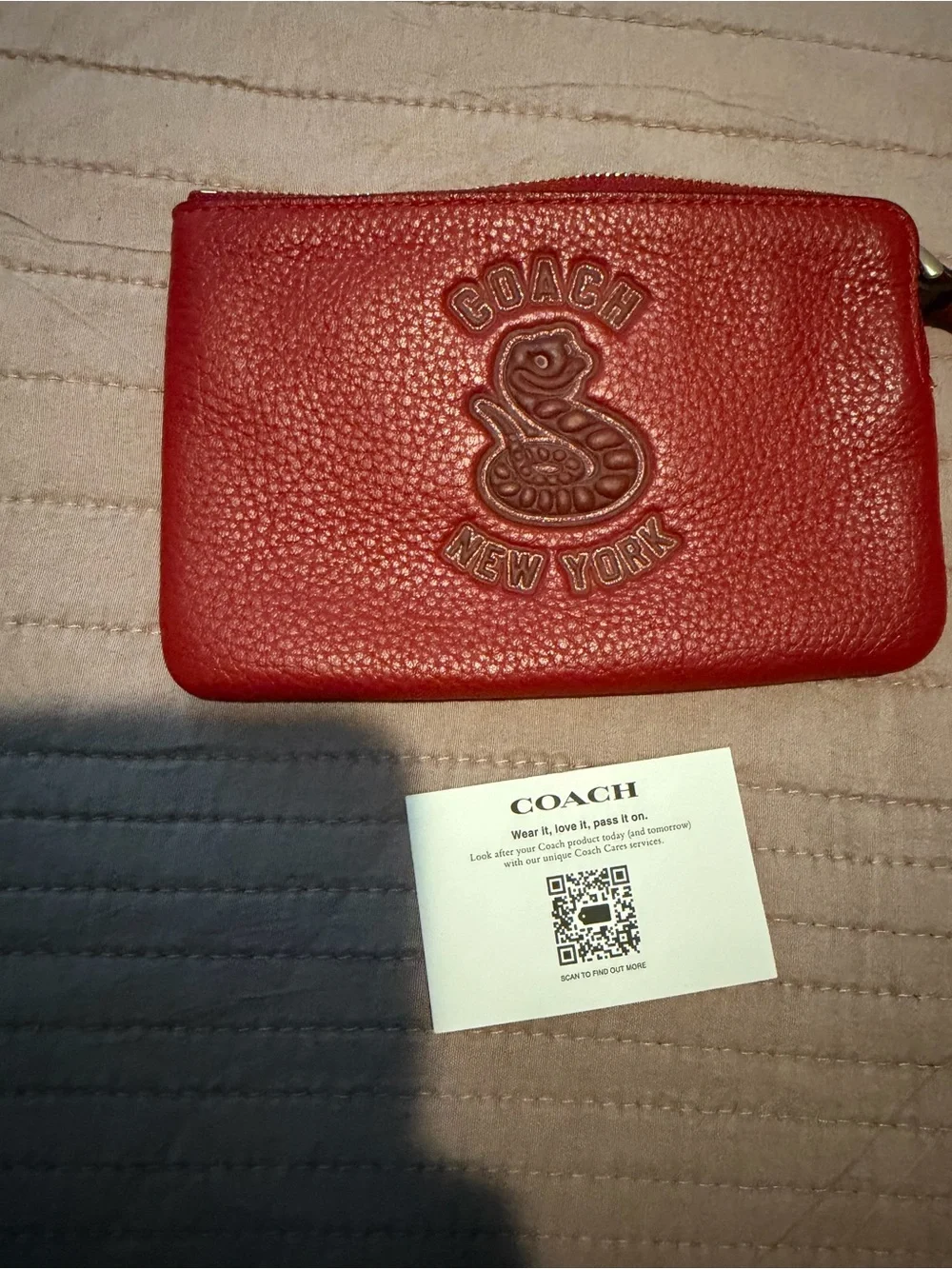 Coach Red Pebbled Leather Wristlet Pouch with Strap